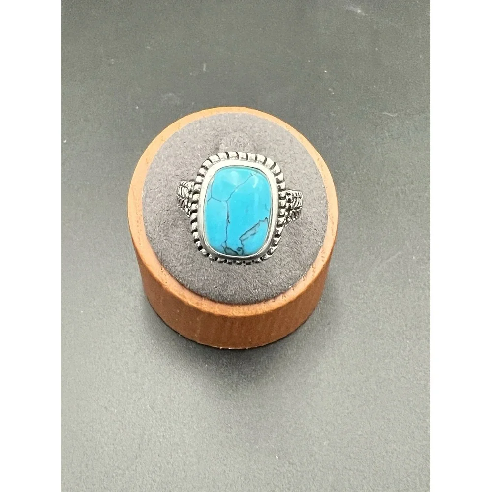 Vtg Southwestern Style Large Faux Turquoise Cabochon Rope Twist Statement Ring 9
